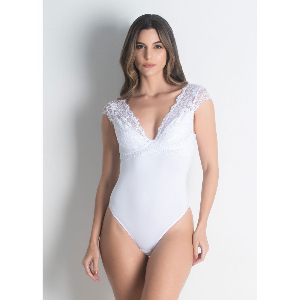 Body Manga Curta Decote V Em Fio LYCRA® e Renda For You
 BRANCO