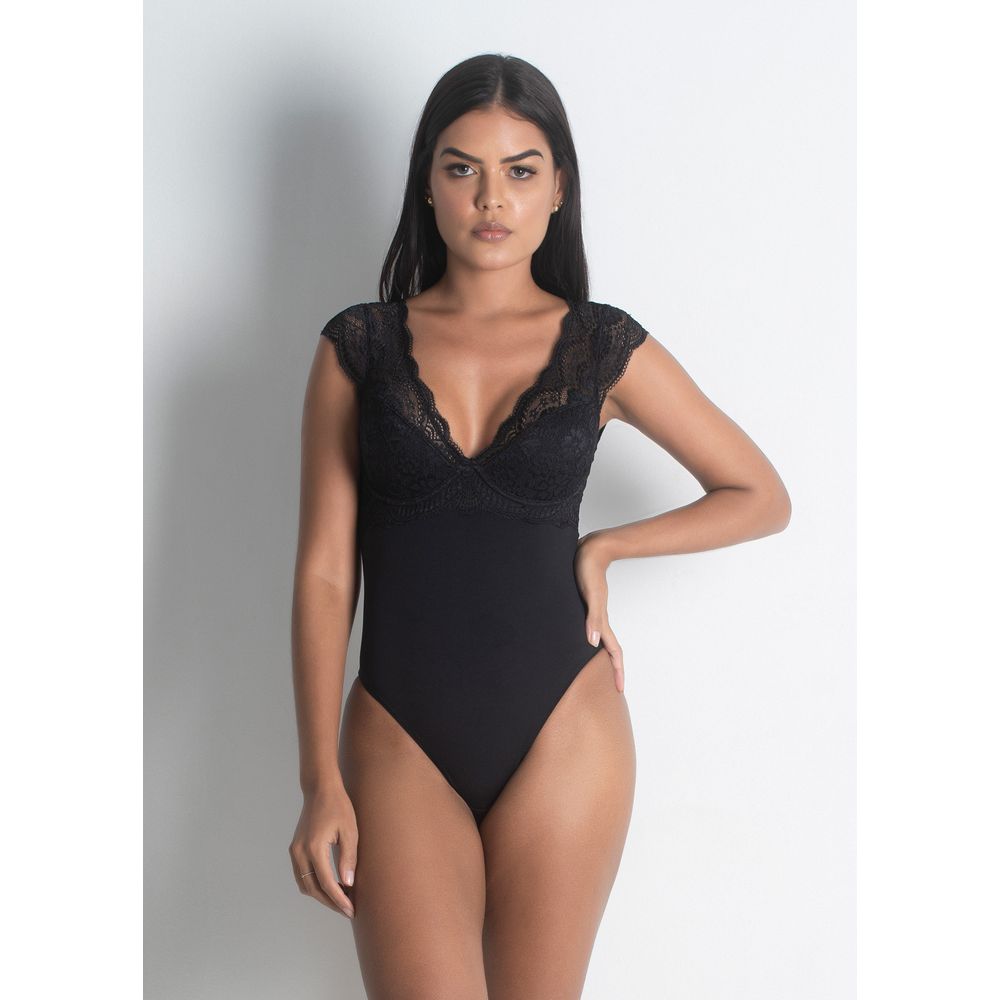 Body Manga Curta Decote V Em Fio LYCRA® e Renda For You
 PRETO