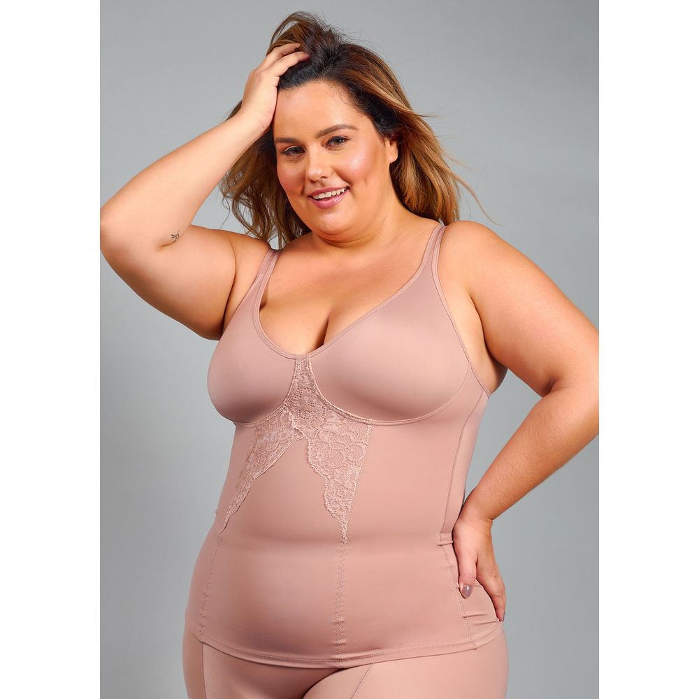 Modelador Camisete Com Renda e Sem Bojo, Em Tecido Duplo Sensual Redutora CASTANHA