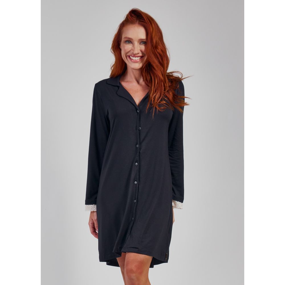 Camisola Midi de Botão e Manga Longa Serena PRETO