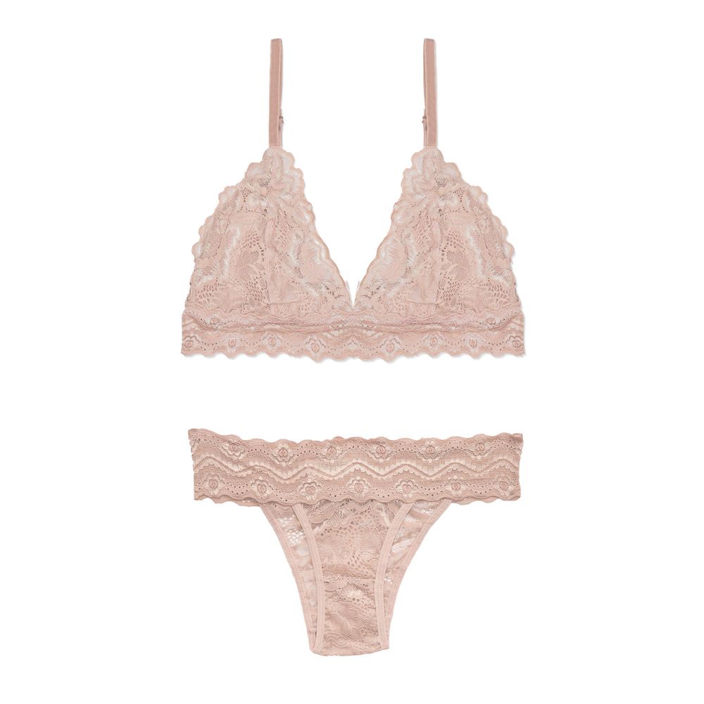 Conjunto Top e Calcinha Tanga Em Renda Maya BEIGE FONCÉ