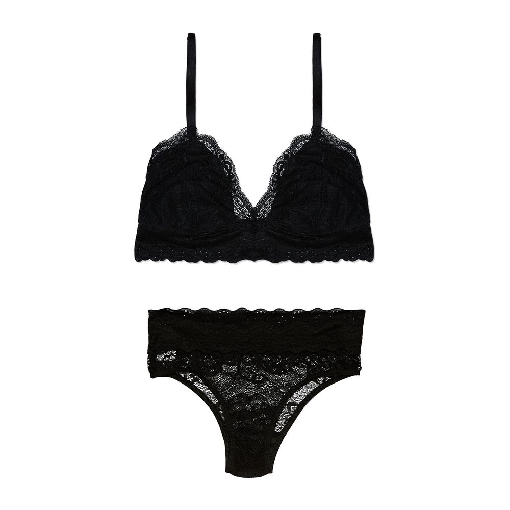 Conjunto Top e Calcinha Cintura Alta Em Renda Maya PRETO