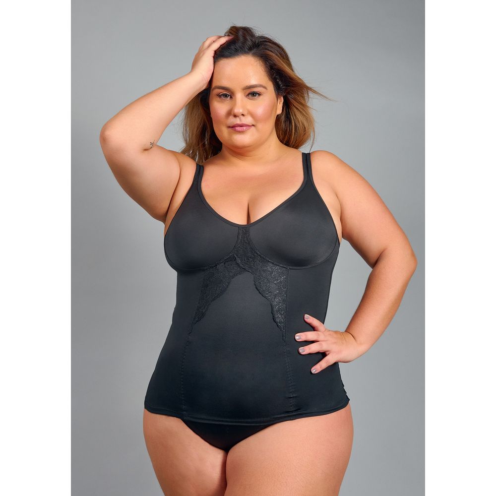Camisete Modelador Sem Bojo Com Tecido Duplo no Busto Em Microfibra E Detalhes Em Renda Sensual Redutora PRETO