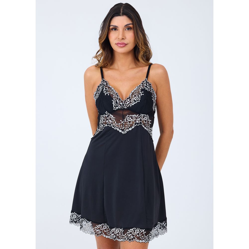 Camisola Em Liganete Com Renda Bicolor Carol PRETO