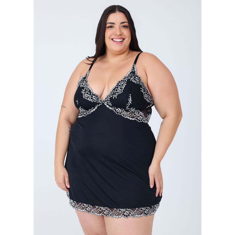 Camisola em Liganete Com Renda Bicolor Plus Size PRETO