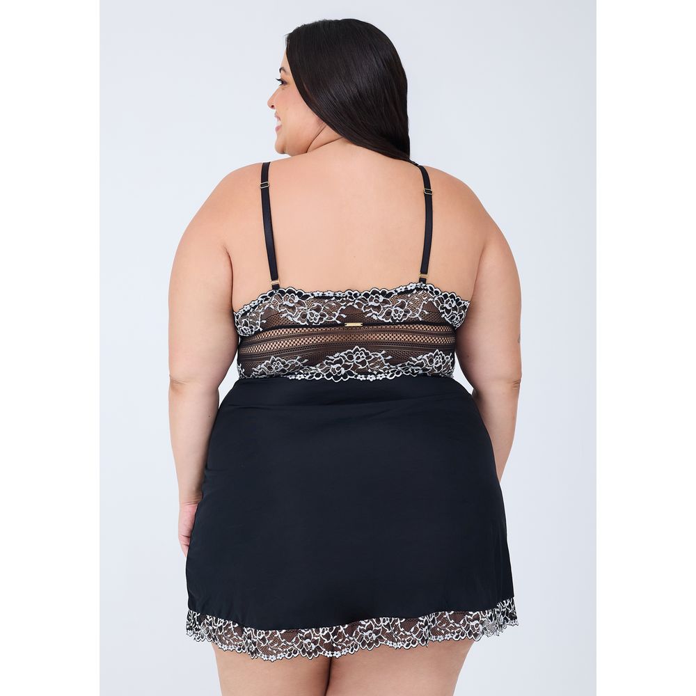 Camisola em Liganete Com Renda Bicolor Plus Size PRETO