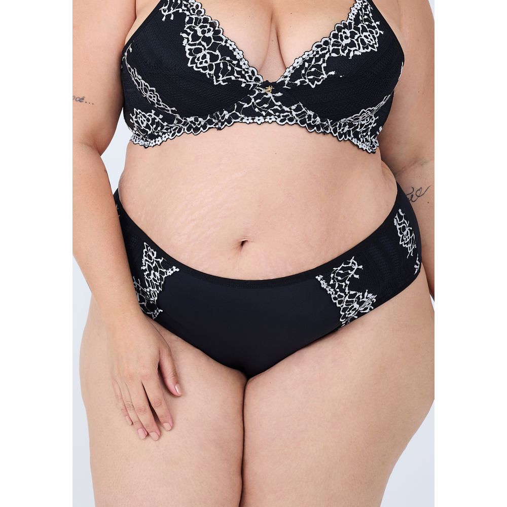 Calcinha Cintura Alta Em Microfibra E Renda Bicolor Plus Size PRETO