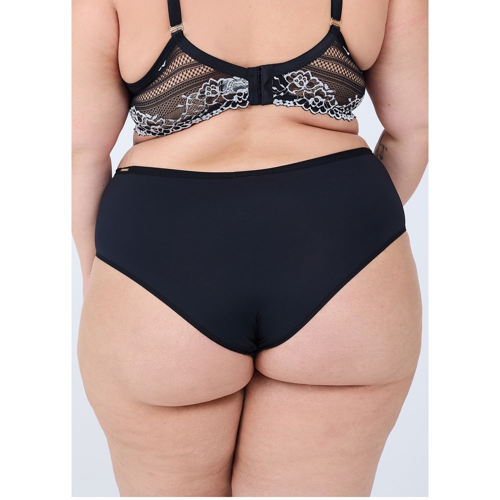 Calcinha Cintura Alta Em Microfibra E Renda Bicolor Plus Size PRETO