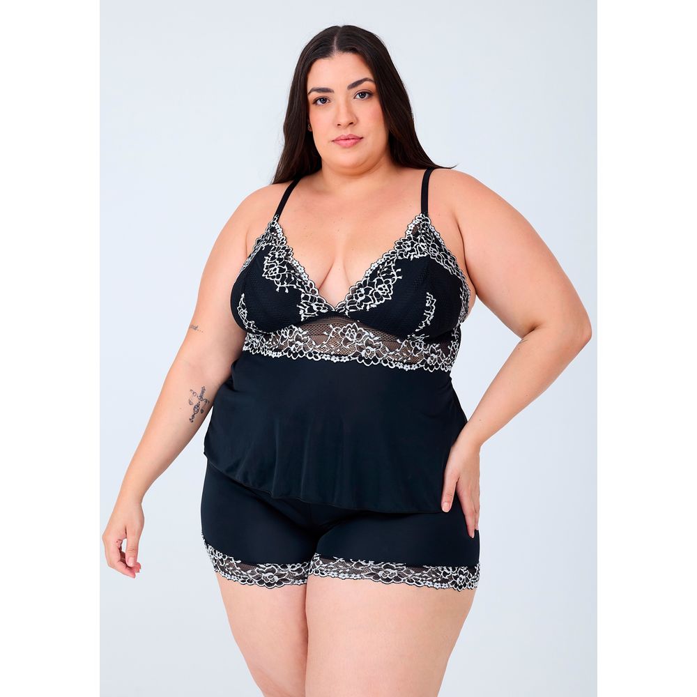 Shortdoll Em Liganete Com Renda Bicolor Plus Size PRETO
