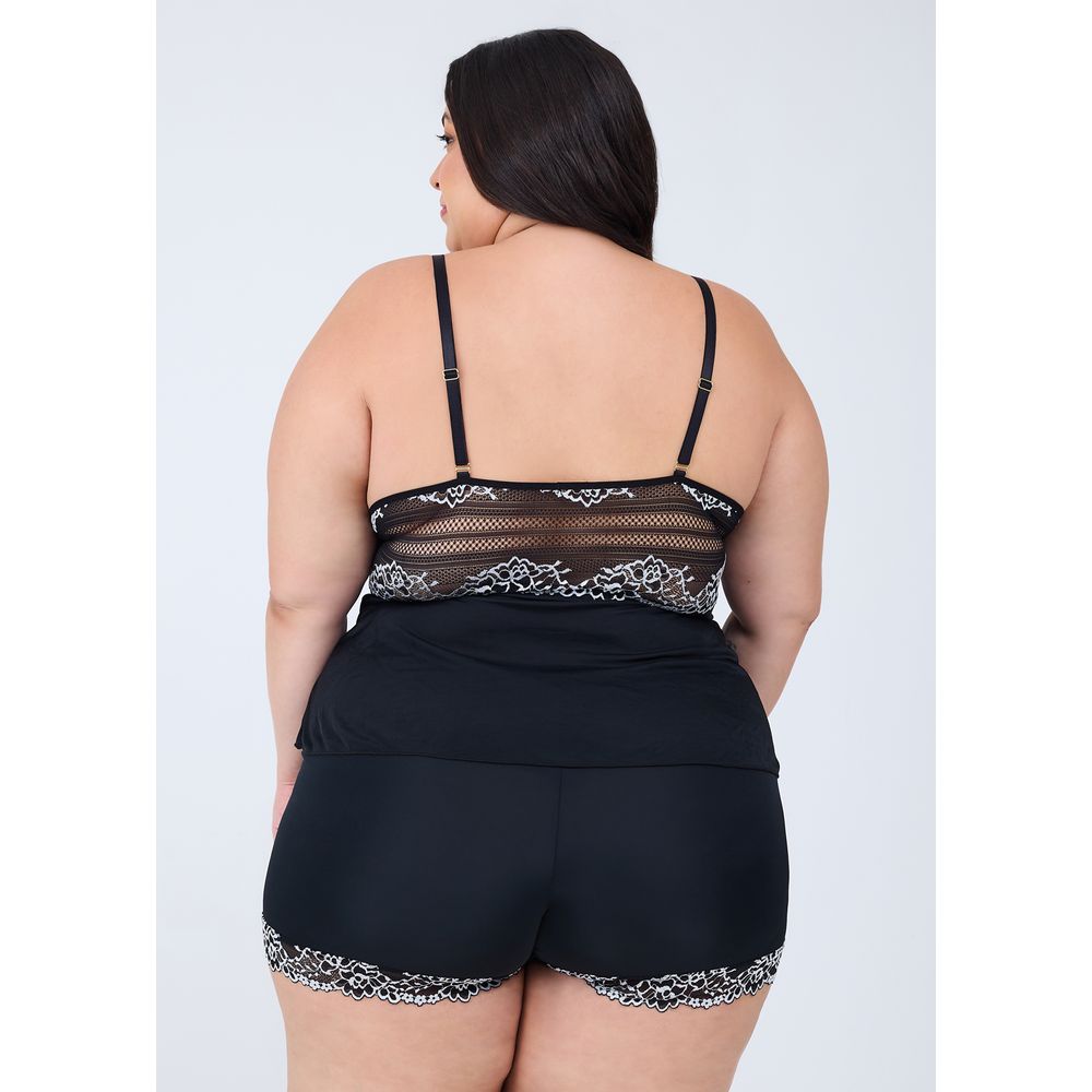 Shortdoll Em Liganete Com Renda Bicolor Plus Size PRETO