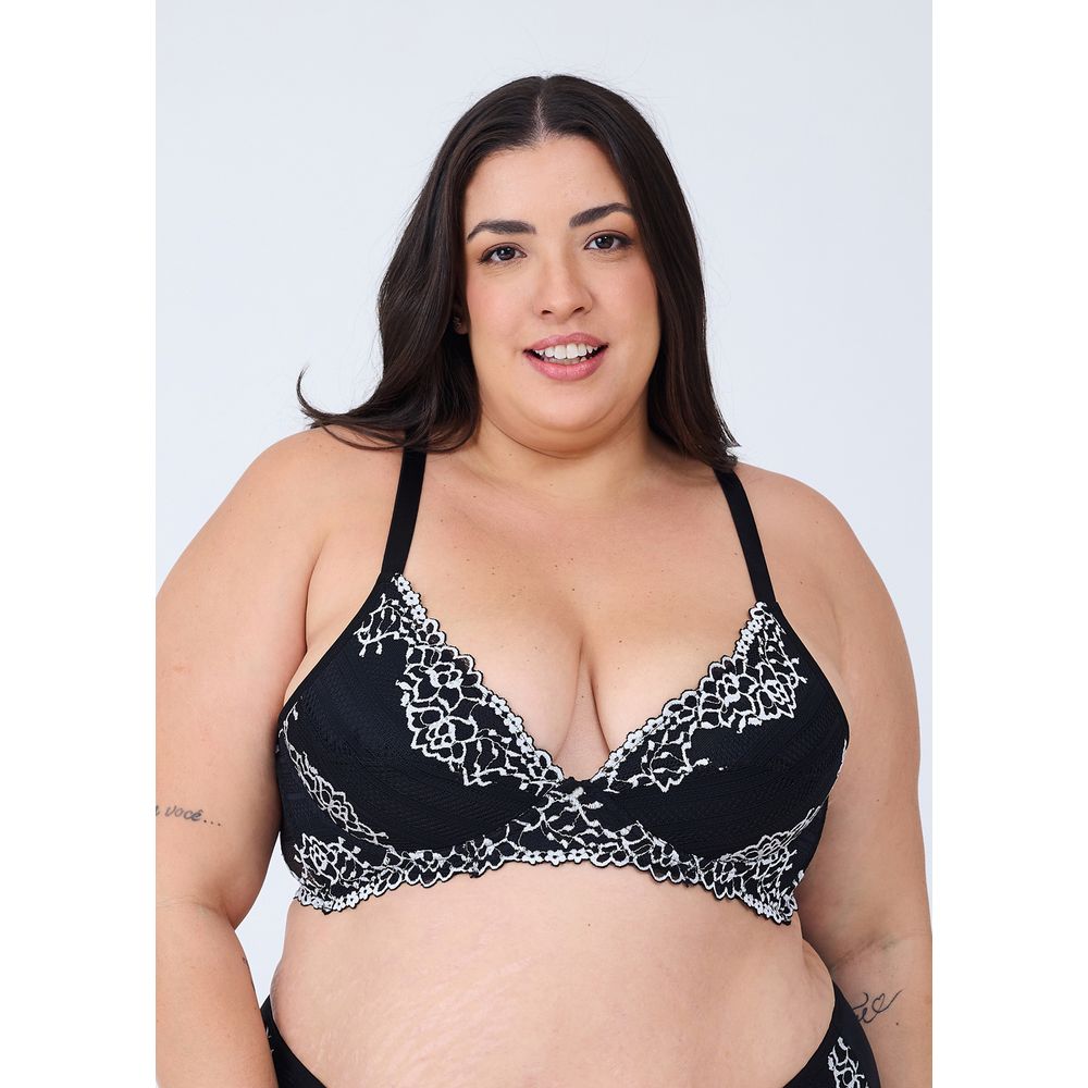 Sutiã Tradicional Com Bojo Em Microfibra e Renda Bicolor Plus Size PRETO