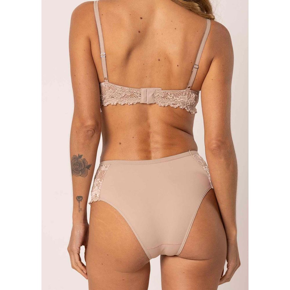 Conjunto Sutiã Meia Taça Com Bojo E Aro Todo Em Renda e Calcinha Bíquini Em microfibra Com Lateral Larga Em Renda Jasmine BEIGE FONCÉ
