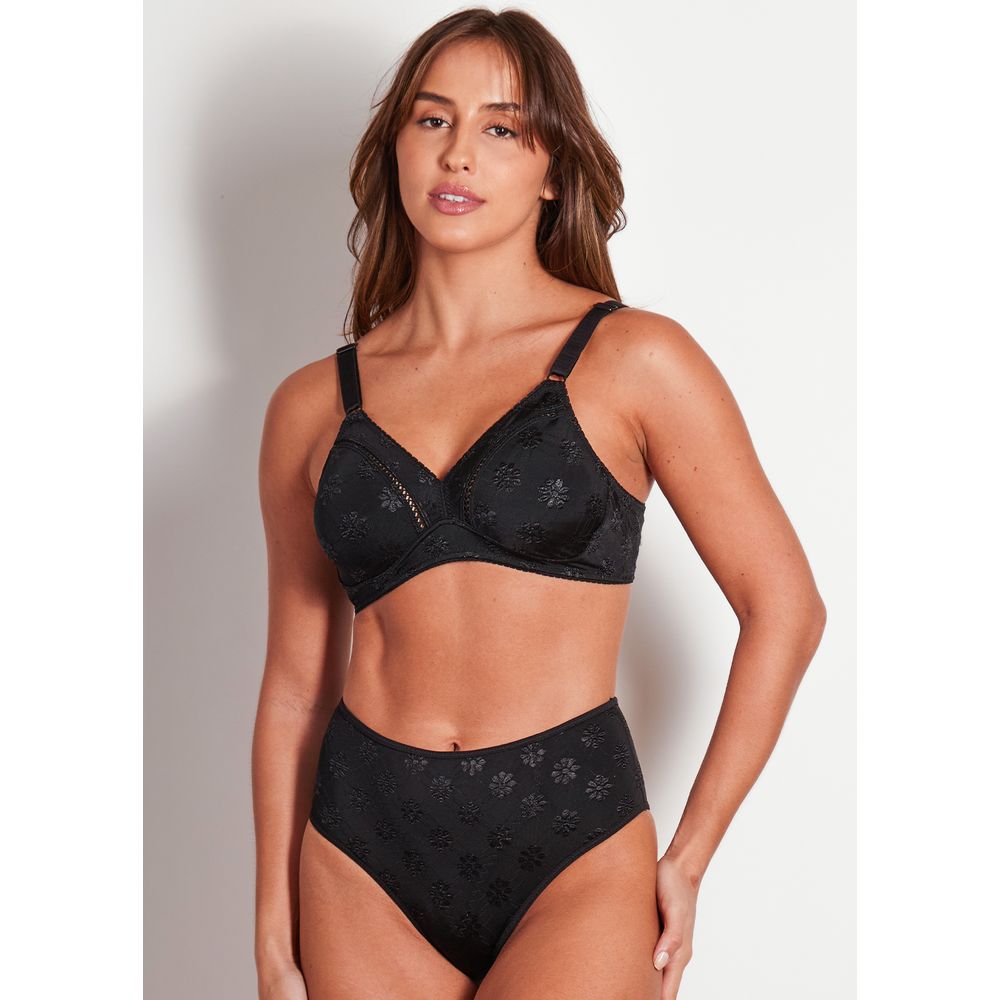 Conjunto Sutiã Cobertura Total e Calcinha Cintura Alta Em Microfibra Trabalhada Fio Lycra Summer Flower PRETO