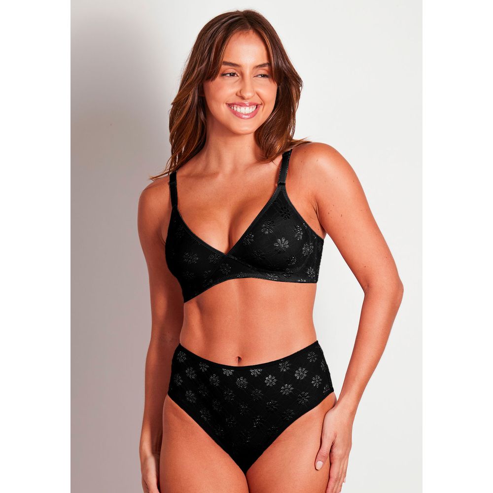 Conjunto Sutiã Triângulo e Calcinha Cintura Alta Em Microfibra Trabalhada Fio Lycra Summer Flower PRETO