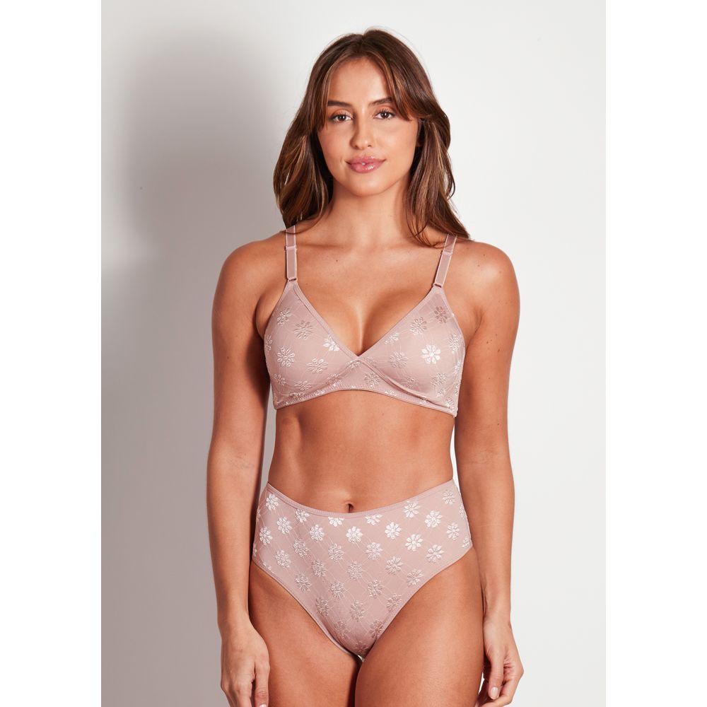 Conjunto Sutiã Triângulo e Calcinha Cintura Alta Em Microfibra Trabalhada Fio Lycra Summer Flower CASTANHA