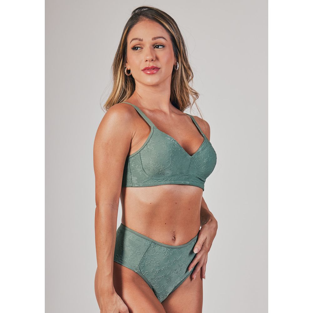 Conjunto Sutiã Triangulo e Calcinha Cintura Alta Em Microfibra Trabalhada Fio Lycra Dália OLIVE