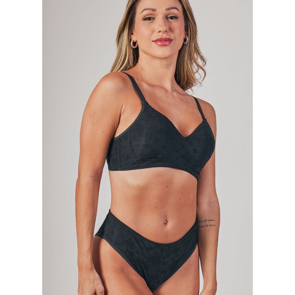 Conjunto Sutiã Triangulo e Calcinha Cintura Alta Em Microfibra Trabalhada Fio Lycra Dália PRETO