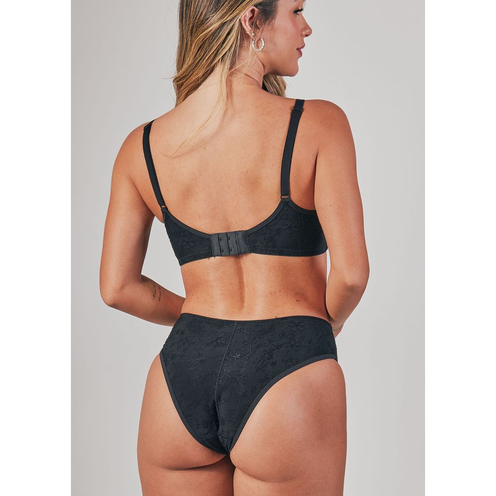 Conjunto Sutiã Triangulo e Calcinha Cintura Alta Em Microfibra Trabalhada Fio Lycra Dália PRETO