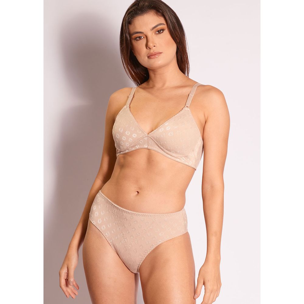 Conjunto Sutiã Triângulo e Calcinha Biquíni Em Microfibra Trabalhada Fio Lycra Jazz BEIGE FONCÉ