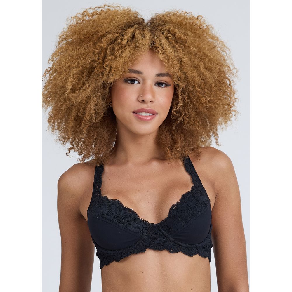 Sutiã Balconet Com Aro Sem Bojo em Microfibra e Renda Milano
 PRETO